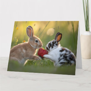Two Baby Rabbits Sharing a Large Ripe Strawberry Card