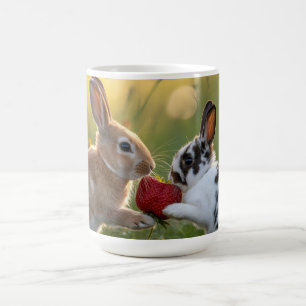 Two Baby Rabbits Sharing a Large Ripe Strawberry Coffee Mug