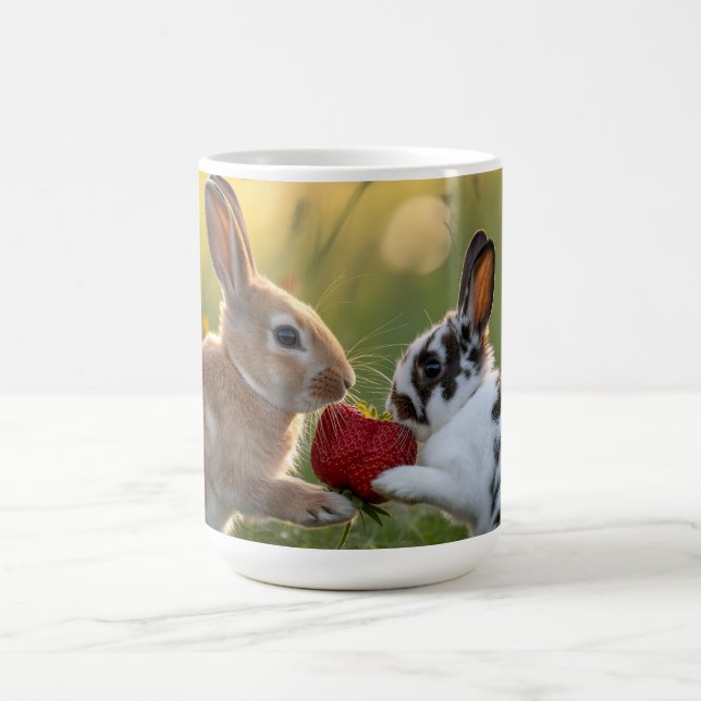 Two Baby Rabbits Sharing a Large Ripe Strawberry Coffee Mug (Center)