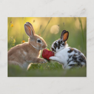 Two Baby Rabbits Sharing a Large Ripe Strawberry Holiday Postcard