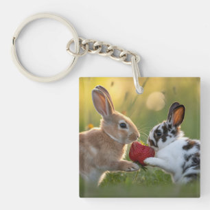 Two Baby Rabbits Sharing a Large Ripe Strawberry Key Ring