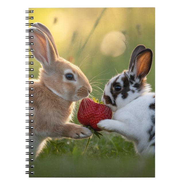 Two Baby Rabbits Sharing a Large Ripe Strawberry Notebook (Front)
