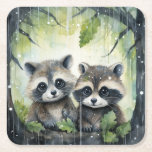 Two Baby Raccoons in the Rain Square Paper Coaster<br><div class="desc">Two Baby Raccoons in the Rain</div>