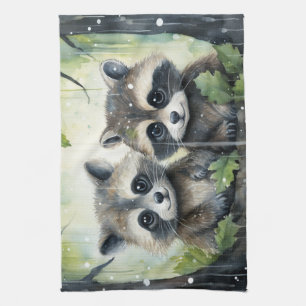 Two Baby Raccoons in the Rain Tea Towel