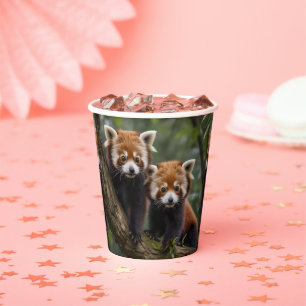 Two Baby Red Panda Bears In A Tree, Paper Cups