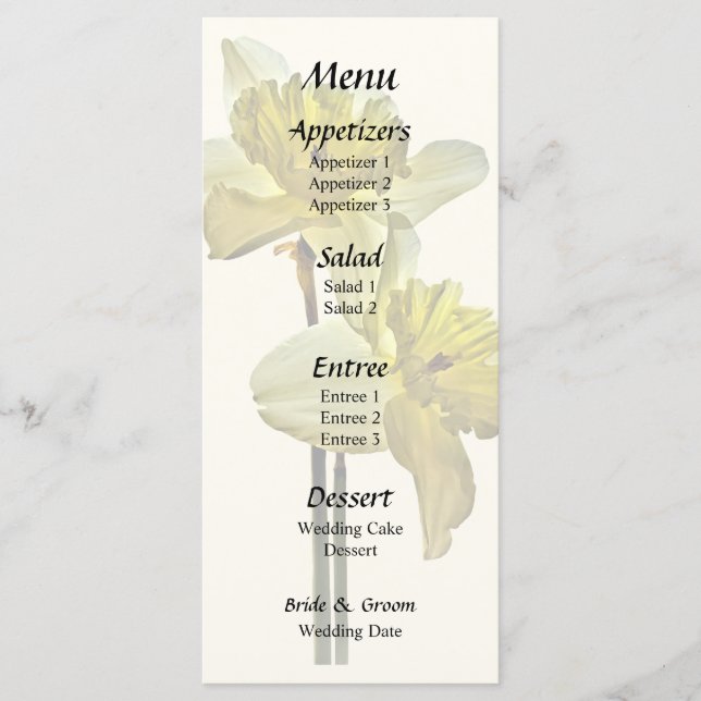 Two Backlit Daffodils Wedding Menu (Front)