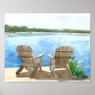 Two Beach Chairs by the Lake, Watercolor Painting Poster