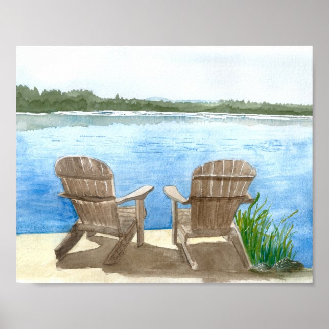 Two Beach Chairs by the Lake, Watercolor Painting Poster (Front)