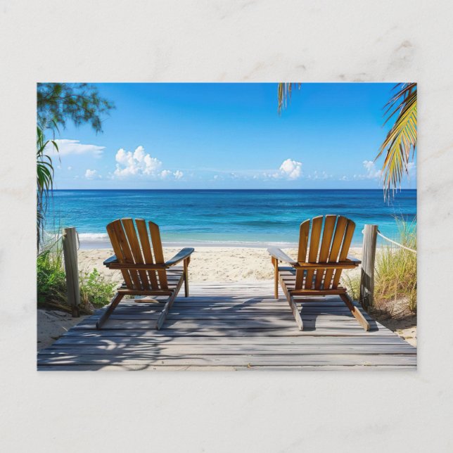 Two beach chairs on a wooden pontoon facing the se postcard (Front)