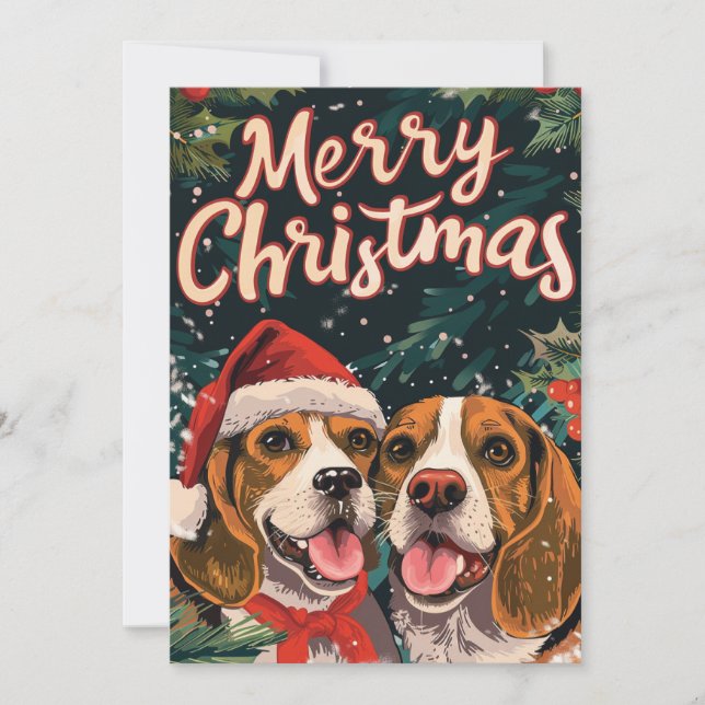 Two Beagle Merry Christmas  Holiday Card (Front)