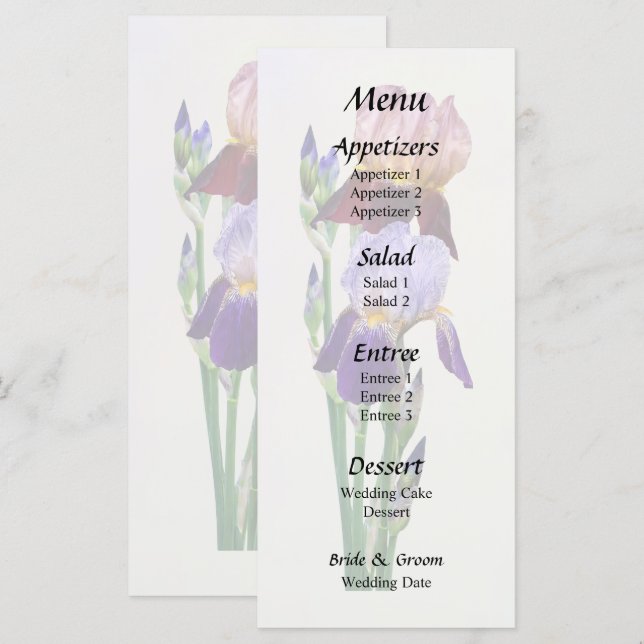 Two Bearded Irises One Maroon One Purple Menu (Front/Back)
