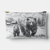 Two bears, mother and baby, hiking along beautiful