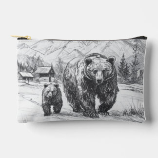 Two bears, mother and baby, hiking along beautiful accessory pouch