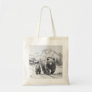 Two bears, mother and baby, hiking along beautiful tote bag