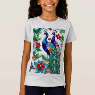 Two Beautiful Christmas Peacocks With Poinsettias T-Shirt