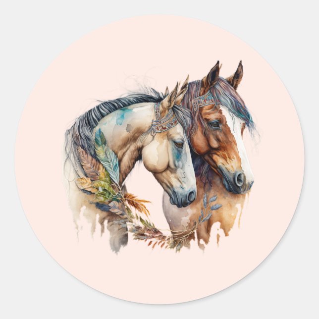 Two Beautiful Horses Western Boho Classic Round Sticker (Front)