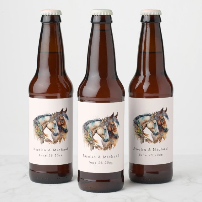 Two Beautiful Horses Western Boho Wedding Beer Bottle Label (Bottles)