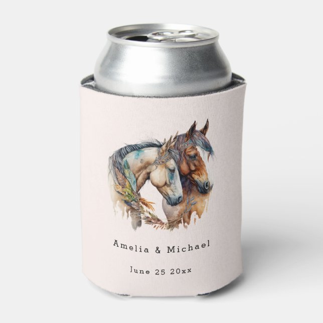 Two Beautiful Horses Western Boho Wedding Can Cooler (Can Front)