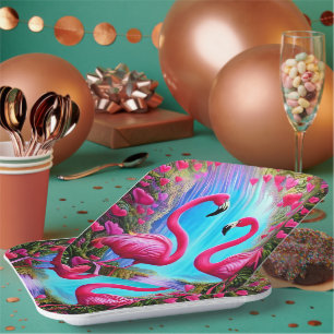 Two beautiful Pink Flamingoes In Love Graphic Paper Plate