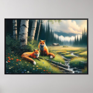 Two Beautiful Red Foxes Resting Poster