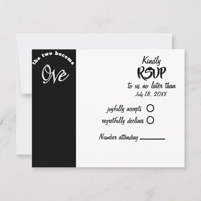 Two Become One Black & White Wedding RSVP Card (Front)