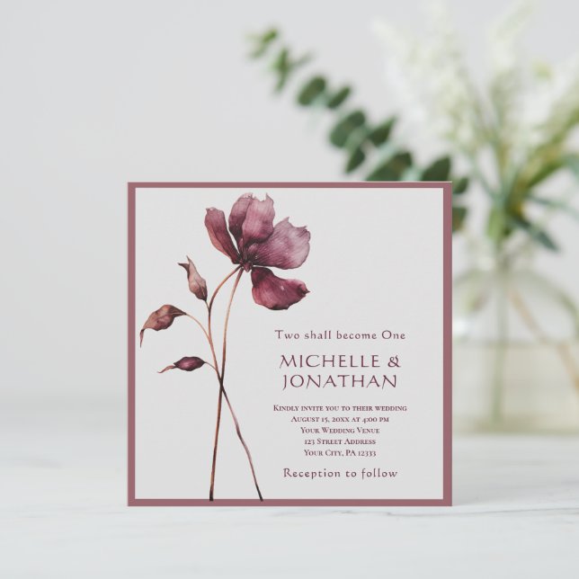Two Become One Burgundy Flower Modern Wedding Invitation (Standing Front)