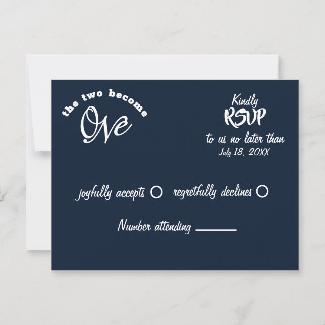 Two Become One Navy Blue & White Wedding RSVP Card (Front)