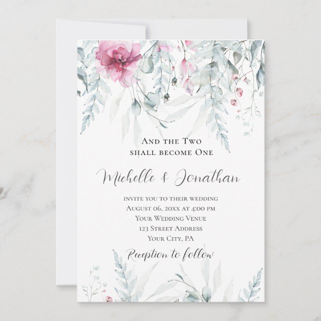 Two Become One Pink Floral Bible Christian Wedding Invitation (Front)