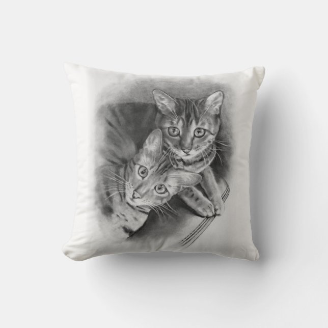 Two Bengal Cats: Original Realism Pencil Drawing Cushion (Front)