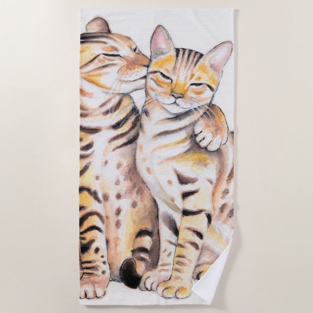 Two Bengal Cats Watercolor Art Beach Towel (Front)