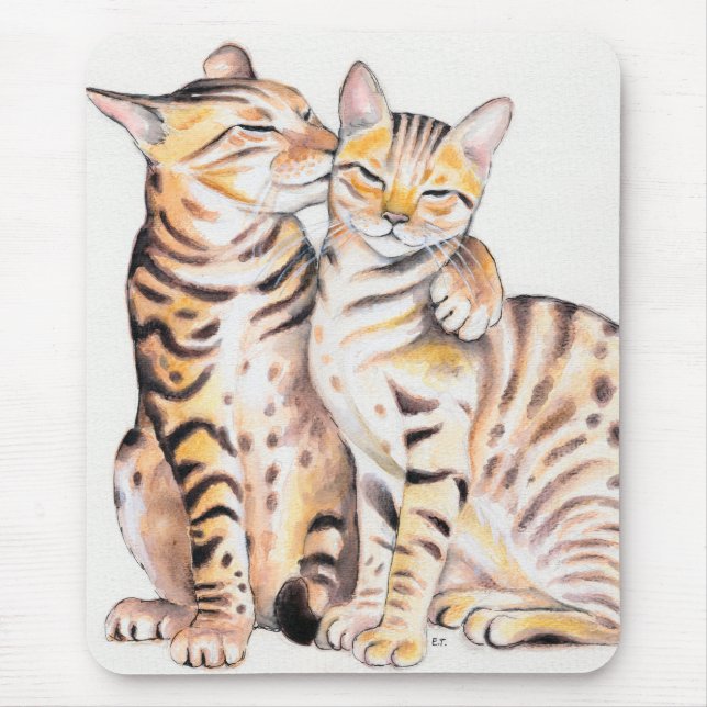 Two Bengal Cats Watercolor Art Mouse Pad (Front)