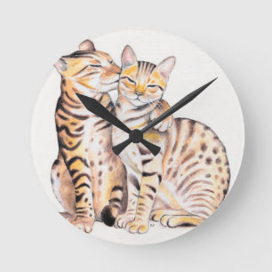 Two Bengal Cats Watercolor Art Round Clock
