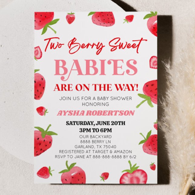 Two Berry Sweet Babies Strawberry Twin Baby Shower Invitation (Creator Uploaded)