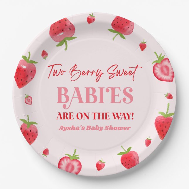 Two Berry Sweet Babies Strawberry Twin Baby Shower Paper Plate (Front)