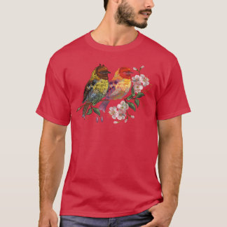 Two Bird Blossoming Cherry Embroidery family retro T-Shirt