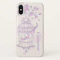 Two birds and cage pink & purple name