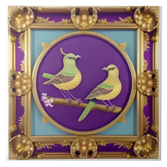 Two Birds in Ornate Gold Frame Tile (Front)