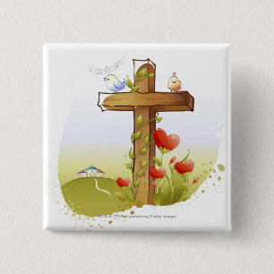 Two birds perching on a cross 15 cm square badge