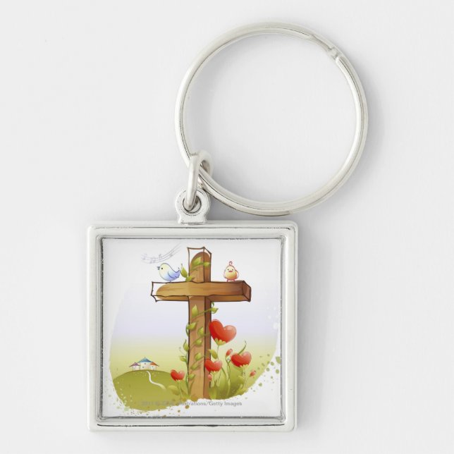 Two birds perching on a cross key ring (Front)