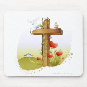 Two birds perching on a cross mouse pad