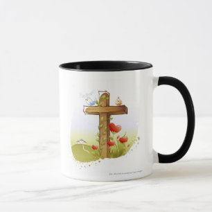Two birds perching on a cross mug