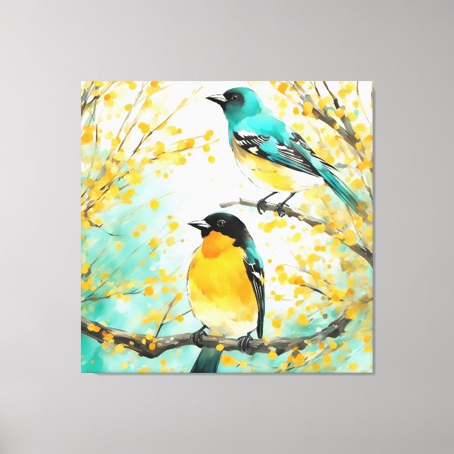Two Birds Sitting on Tree Branch Canvas Print (Front)