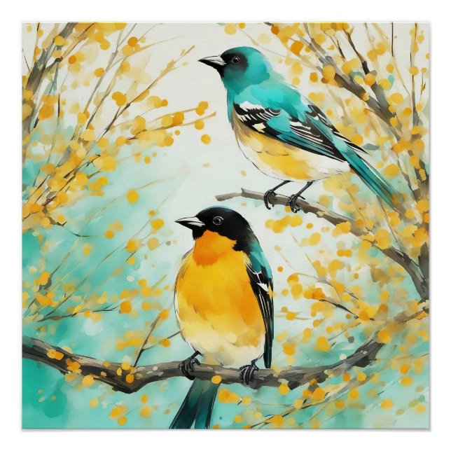 Two Birds Sitting on Tree Branch Poster (Front)