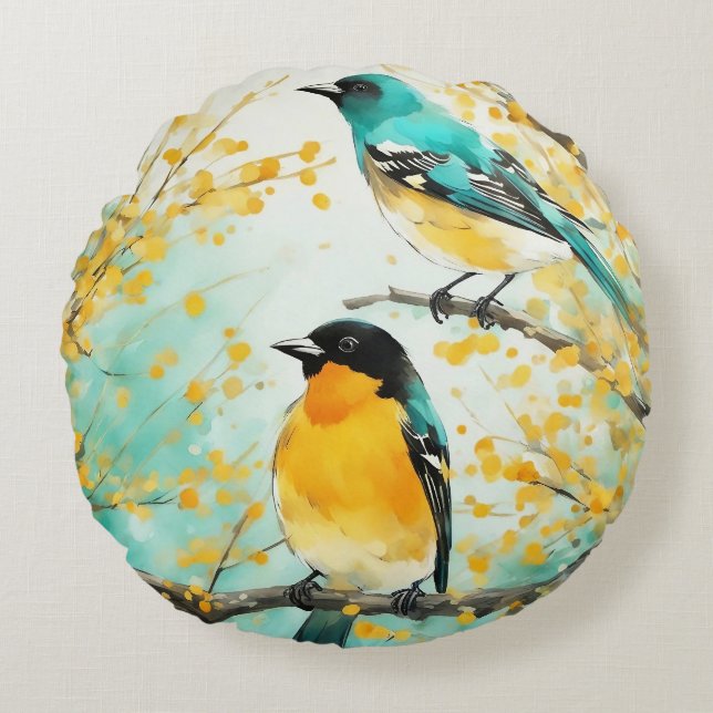 Two Birds Sitting on Tree Branch Round Cushion (Front)