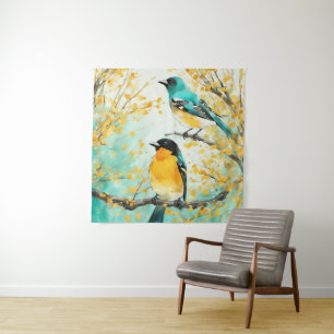 Two Birds Sitting on Tree Branch Tapestry