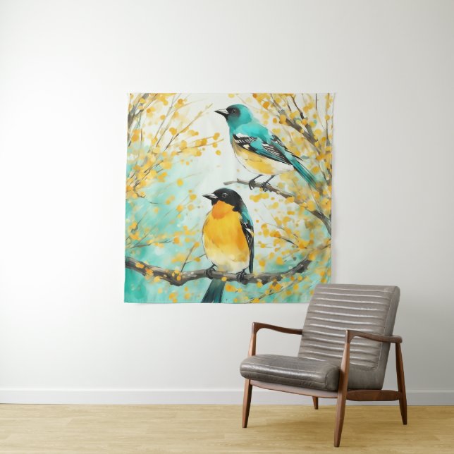 Two Birds Sitting on Tree Branch Tapestry (In Situ)