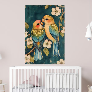 Two birds, which appear to be lovebirds, perched   poster
