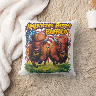 Two Bison Standing Before American Flag Cushion