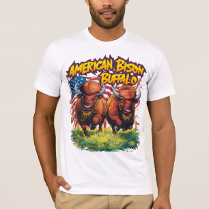 Two Bison Standing Before American Flag T-Shirt