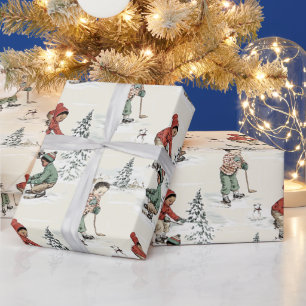 Two Black Boys Playing Outdoor Winter Hockey Wrapping Paper